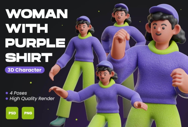 紫色衬衫的女人 3D 人物插画
