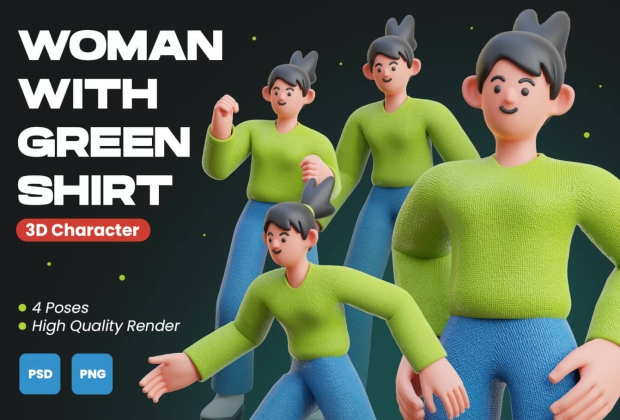 绿色衬衫的女人 3D 人物插画