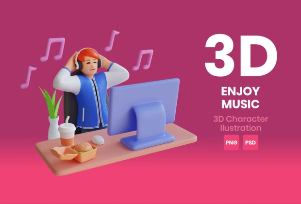 享受音乐3D人物插画