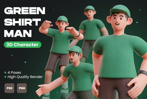 绿衬衫男子 3D 人物插画