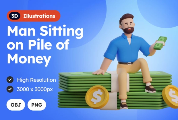 人坐在金钱的堆 3D插图