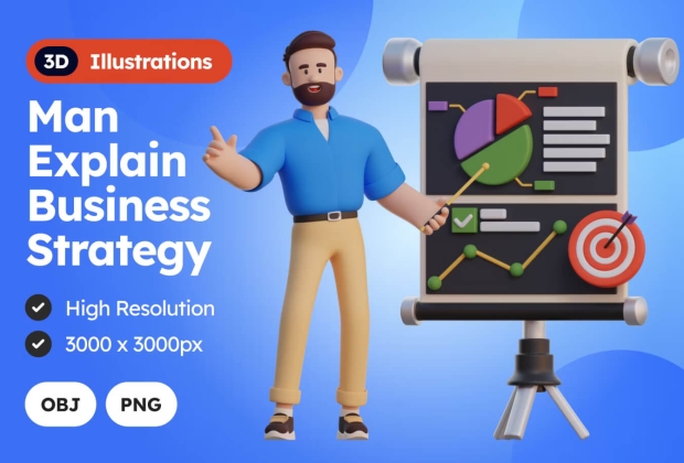 男人解释商业战略3D插图