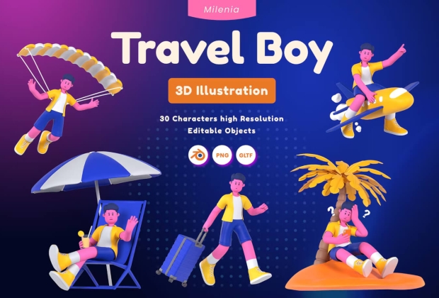 旅行男孩3D插画