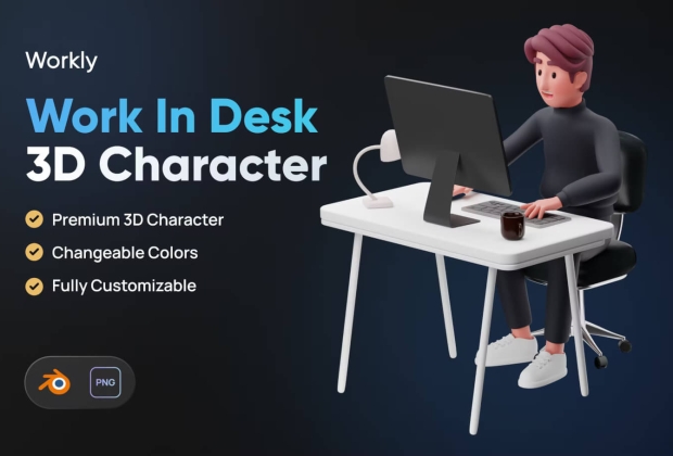 在办公桌 3D 角色中工作模型
