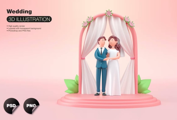 3D 婚礼概念夫妇插图