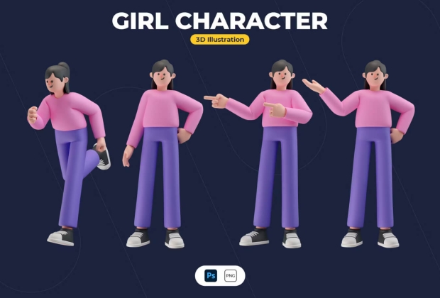 女孩卡通人物 3D 插图