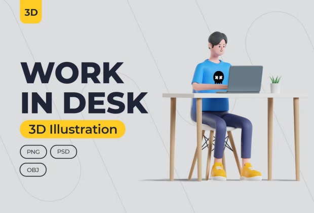 在办公桌上工作 3D 插图