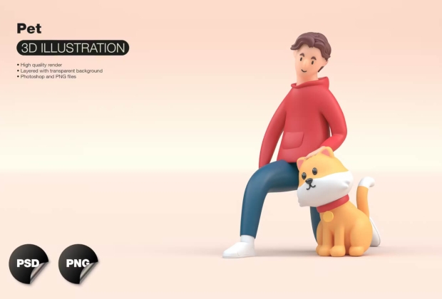3D 宠物概念猫和他的主人插图