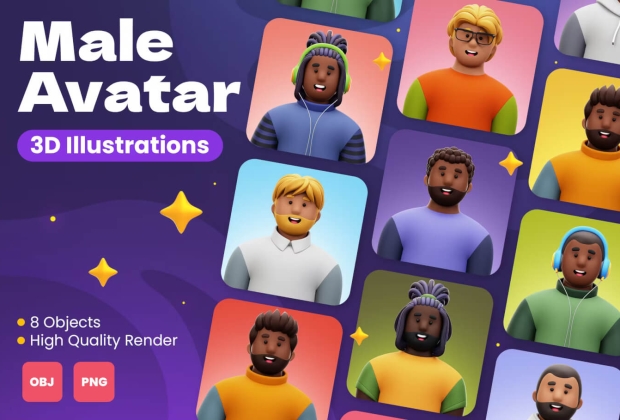 男性头像 3D 插图
