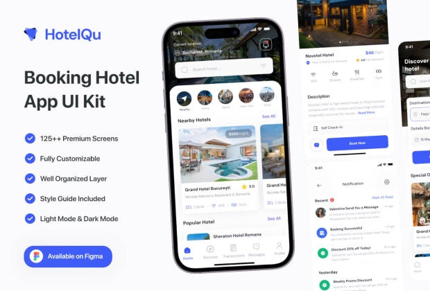 HotelQu - 预订酒店移动应用程序 UI 套件
