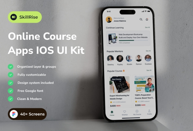 SkillRise - 在线课程应用程序 iOS UI 套件