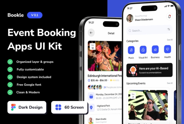 Bookle - 活动预订移动应用程序 UI 套件
