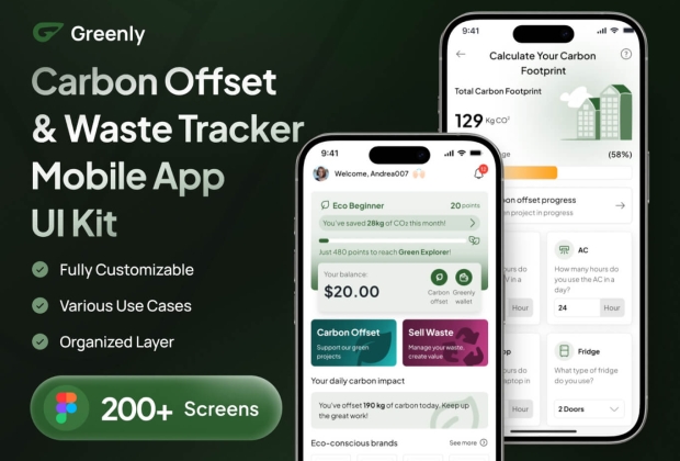 Greenly - 碳补偿与废物追踪移动应用程序 UI 套件