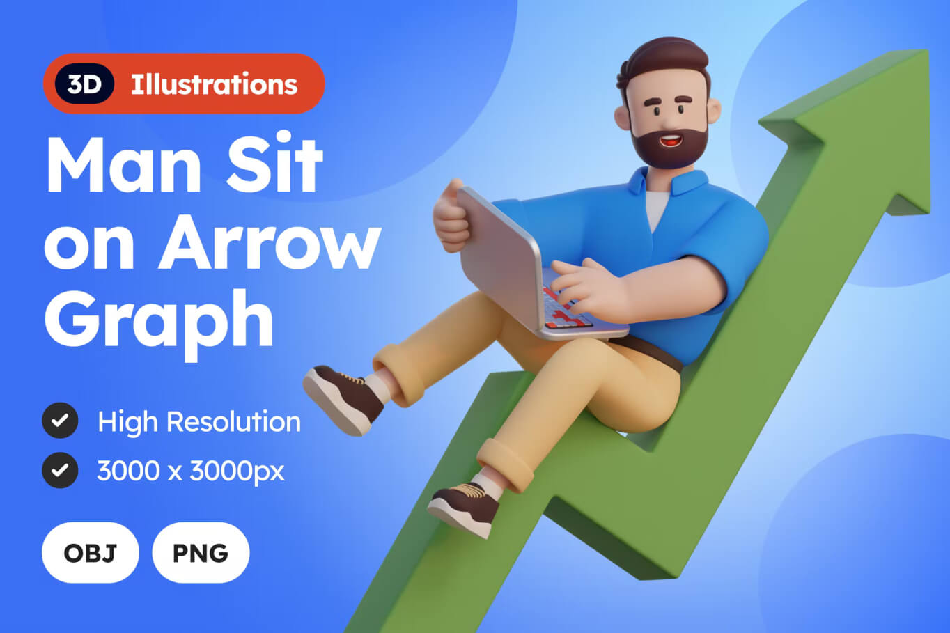 男人坐在箭头图 3D 插图上